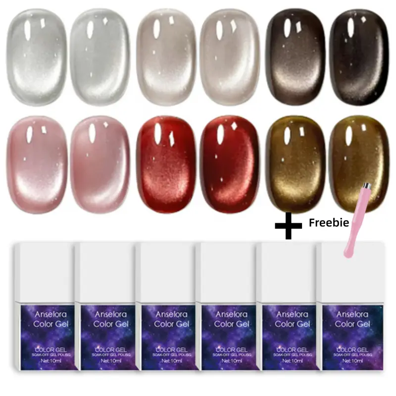 (GM313)6color 10ml Metallic Mirror Cat Eye Gel Polish Set, Soak Off UV LED Magnetic Chrome Nail Gel, Free Single Head Magnet Nail Tool, Nude Red Gold Silver Glossy Cat Eye Manicure Gel for DIY Home & Professional Nail Salon