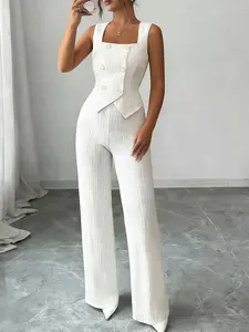 2-Piece Square Neck Sleeveless Vest & Wide-Leg Pants Set - French Sophisticated Style Chic Polished Texture | Pearl Button Detail For Women’s Dinners / Luxury Dates