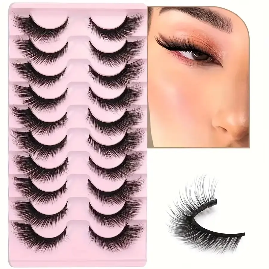 10 Pairs 8D Cat Eye Lashes Set, 16mm Handmade Fluffy Synthetic Fake Lashes, Lightweight Natural Look for Glamorous Eye Makeup Eyelash