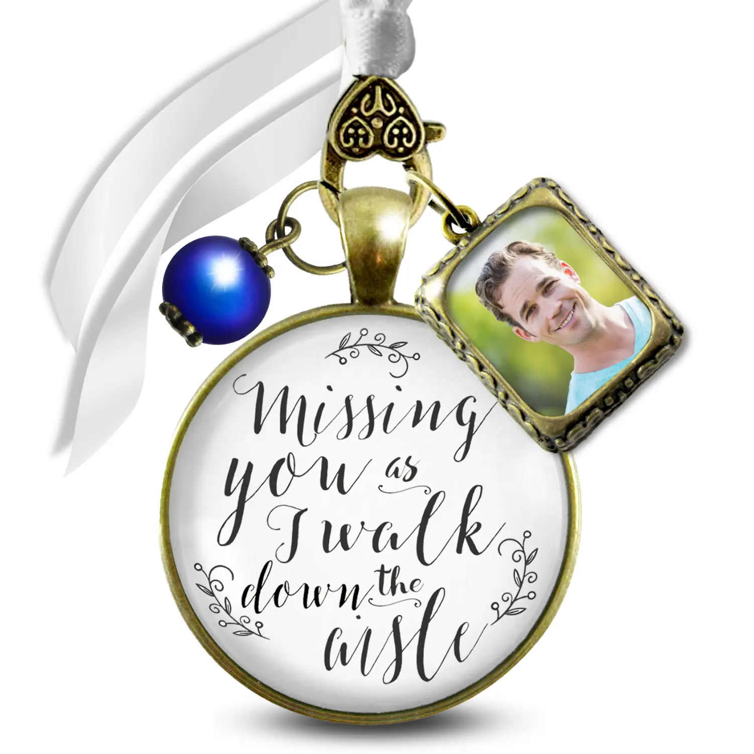 Bouquet Charm Missing You Wedding Memorial Jewelry Bridal Photo Frame Blue Bead