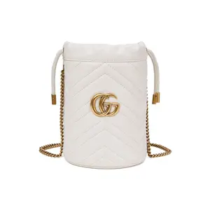 Women's GUCCI GG Marmont Quilted Leather Mini Logo Drawstring Bucket Bag, Crossbody-Shoulder Chain Strap Purse, White