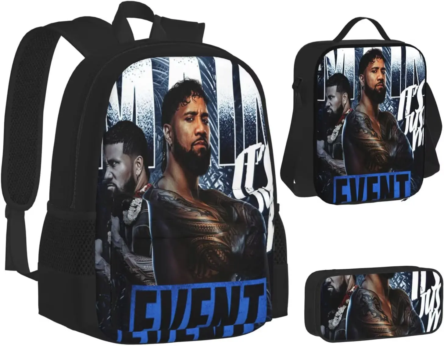 Jey USO Wrestler Backpack 3 Pieces Set With Lunch Bag And Pencil Pouch Combination for Work/Sport/Picnic Classic Laptop Backpack Travel Daypack Stationery Bag