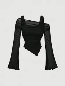 Plus Size Burgundy Asymmetric Hem Flared Sleeve T-Shirt Punk Korean Style Back To School Teacher Outfits For Women Office Outfits School Clothes Western Wear Vintage Brunch Outfits Basic Tops Old Money Streetwear Women Goth