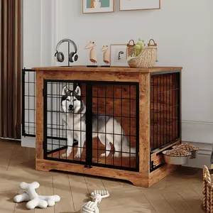 Garvee Dog Crate Furniture for Large Dogs,38" Indoor Wooden Dog Kennel with 2 Door &2  360° Rotating Feeder,Decorative Heavy Duty Dog House with Double Locks & Bowls for Small/Medium Dogs