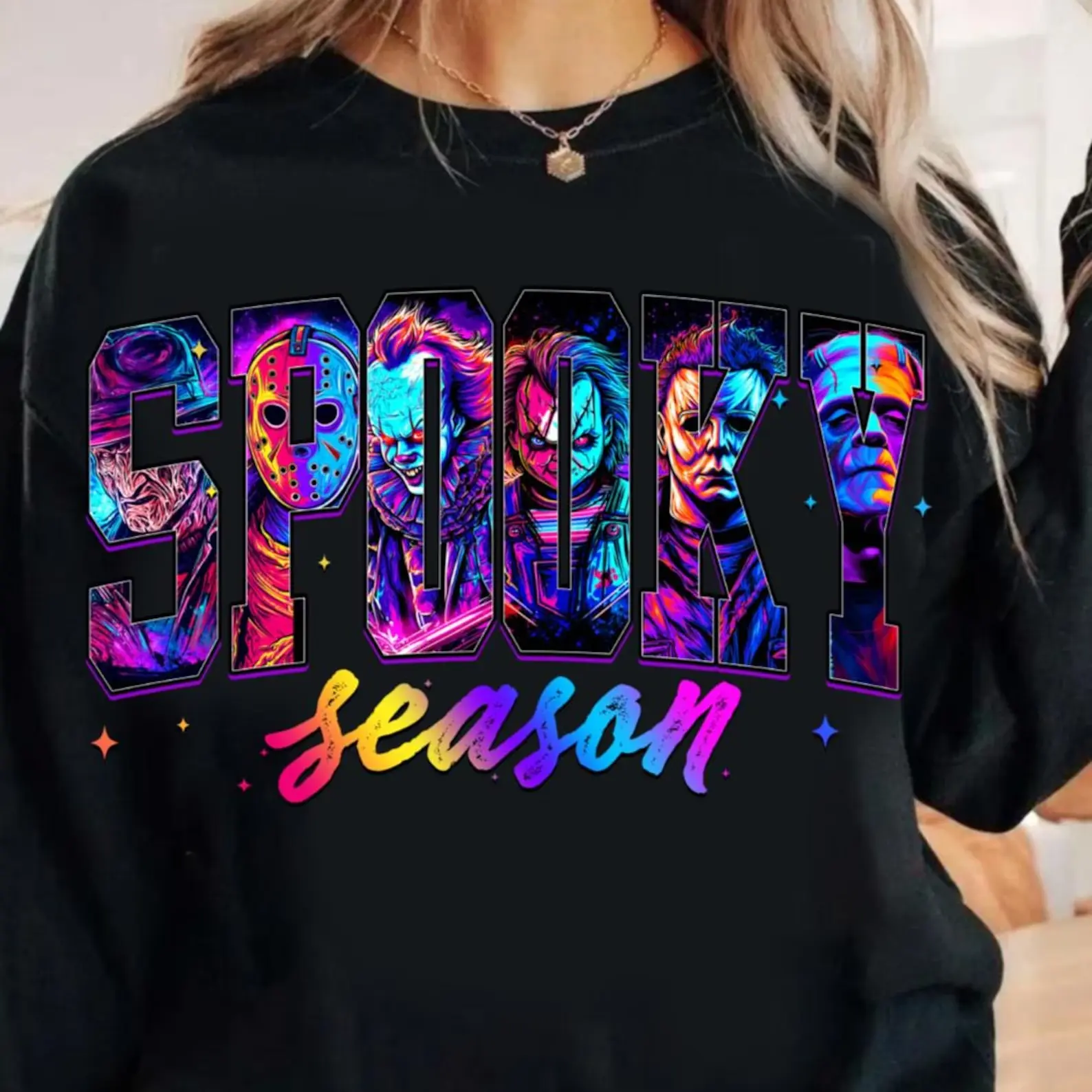 Comfort Colors Neon Spooky Season Sweatshirt, Neon Horror Movie Villains Graphic Shirt, Retro Synthwave Halloween Crewneck, Horror Fan Fall Long Sleeve