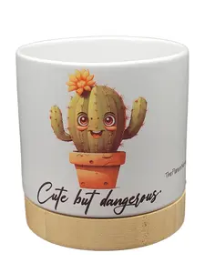 Adorable and Funny Cactus Character 4" Ceramic Pot with Bamboo Base and Drain Hole, Cute and Hilarious
