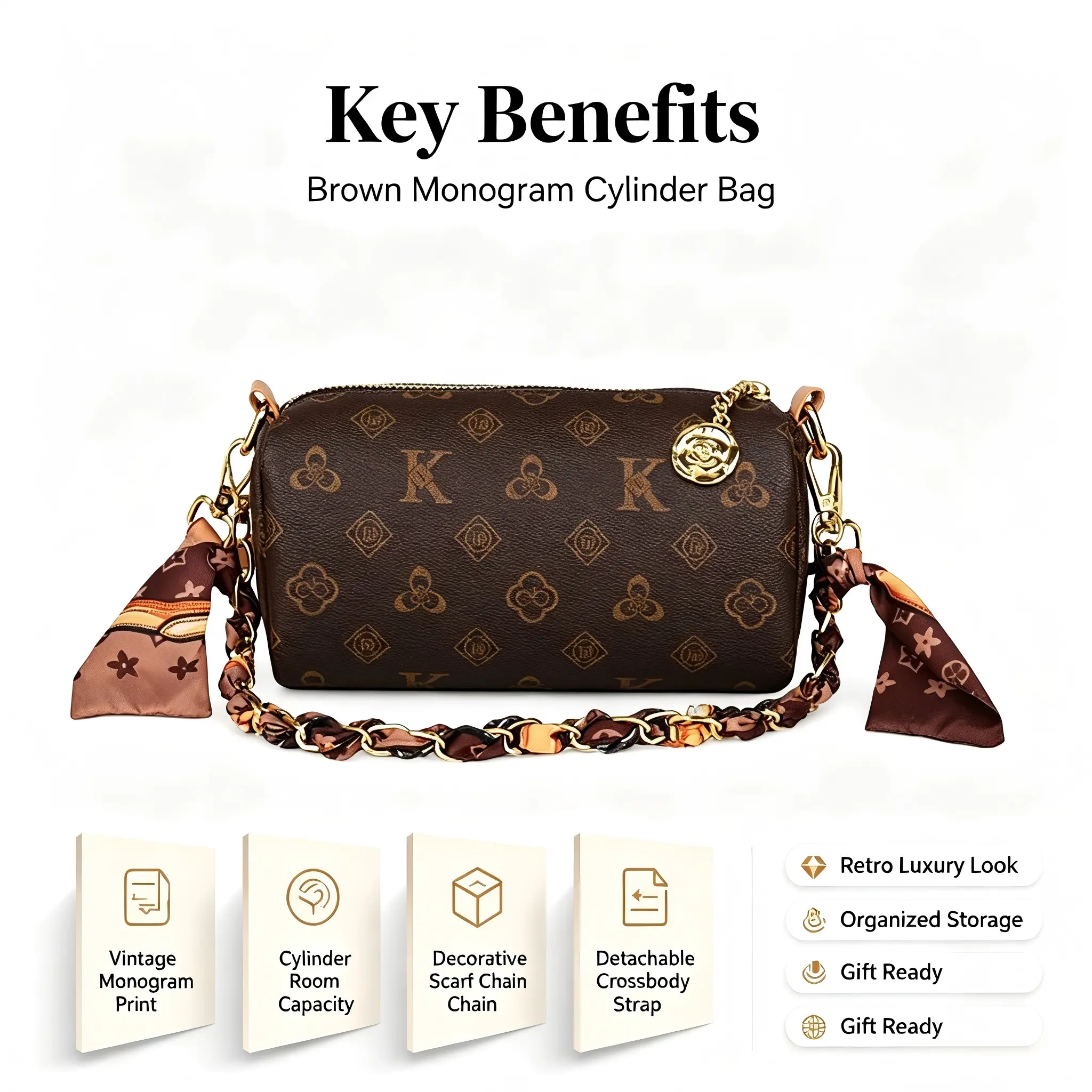 Women's Vintage Monogram All Over Print Quilted Synthetic Statement Crossbody Bag - Casual Chain Strap, Crossbody Bags for Women (Do Not Dry Clean)