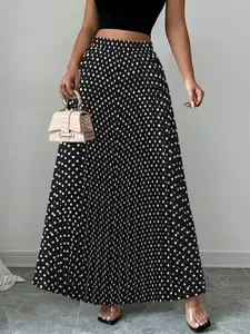 Women's Elegant Chic Floral Pleated Fitted Maxi Skirt, Long Skirt, Bottom Polka Dot Print, All Season Formal & Casual Wear, Easy Care Fashion Style, Womenswear