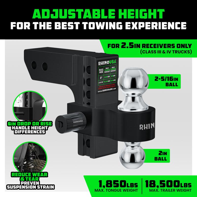 Rhino USA Adjustable Trailer Hitch (2.5-Inch Receiver) - Heavy Duty Aluminum Tow Hitches with 6-Inch Drop/Rise for Truck (18,500 LBS GTW)