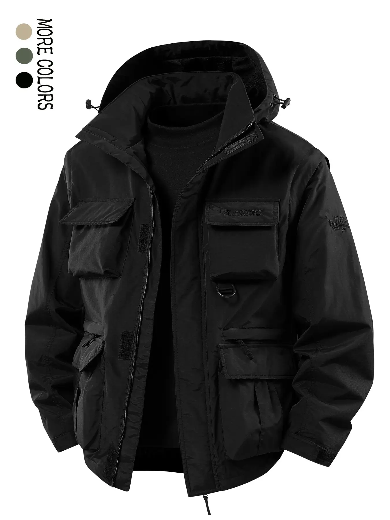 Men's Spring & Fall Detachable Hooded Jacket, Casual Multi-Pocket Workwear Vest, Outdoor Activities, Loose-Fitting, Plain Pattern