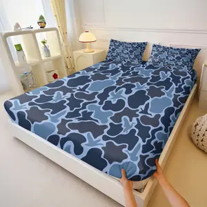 3pcs Blue Camo Bird Printed Fitted Sheet Set, Fashion Camouflage Themed Bed Sheet Set, Comfortable Microfiber Bedspreads for Year-Round Use, Bedsheet Sets