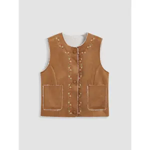 Cider [size 2-10] Suede Scoop Neckline Floral Pocket Jacket Vest