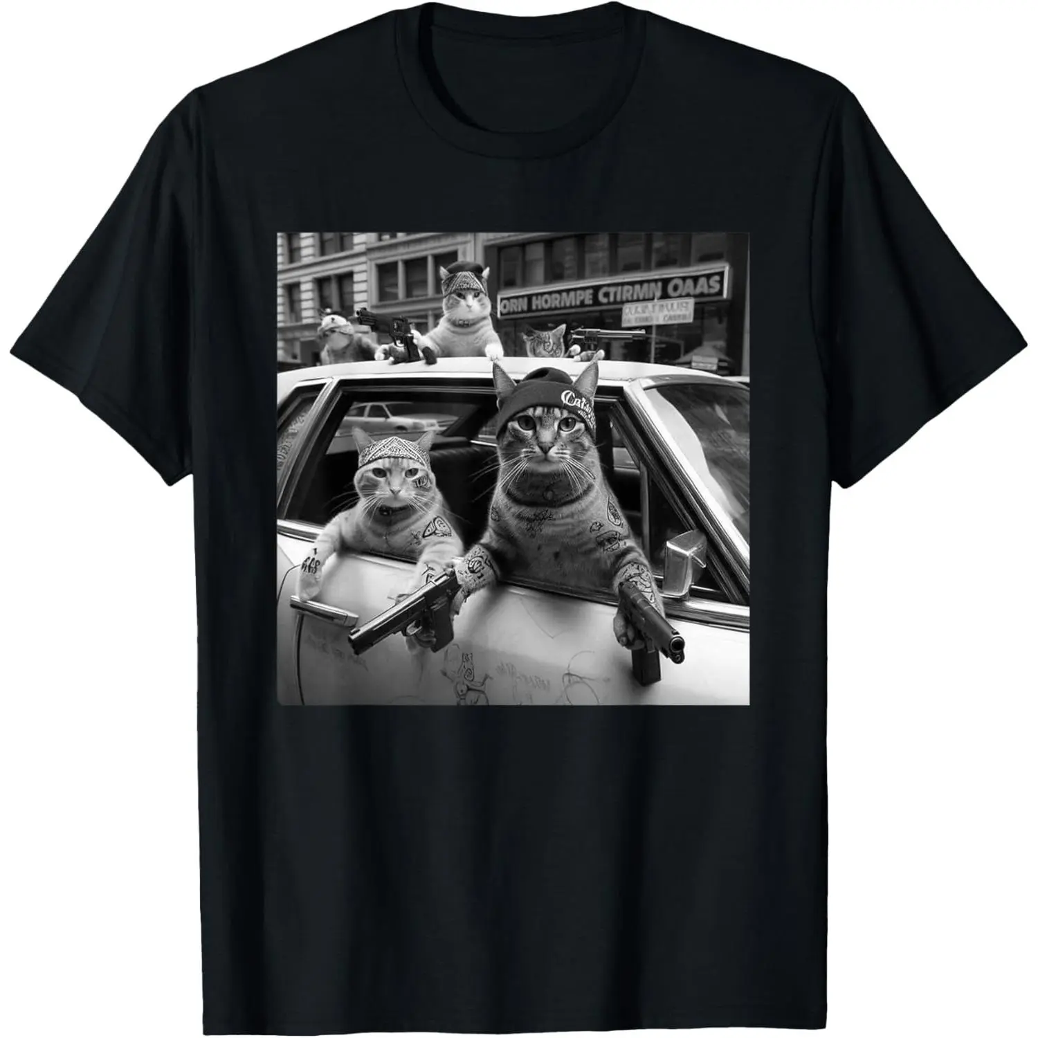 Men's Streetwear Fashion Graphic T-Shirt with a Funny Gangster Cats Design, Regular Fit in 100% Natural Cotton, Tshirt, Shortsleeve, Casual Street, Tops, Menswear, Fabric, Soft, Sports, Shortsleeve Tee, Moisture Absorb, Round Neck