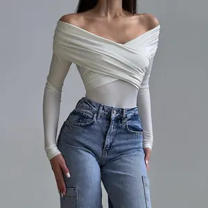 Women's Off The Shoulder Long Sleeve Bodysuit Sexy Ruched Cross Wrap Bodysuit Tops Shirts Jumpsuit for Stylish Outfits