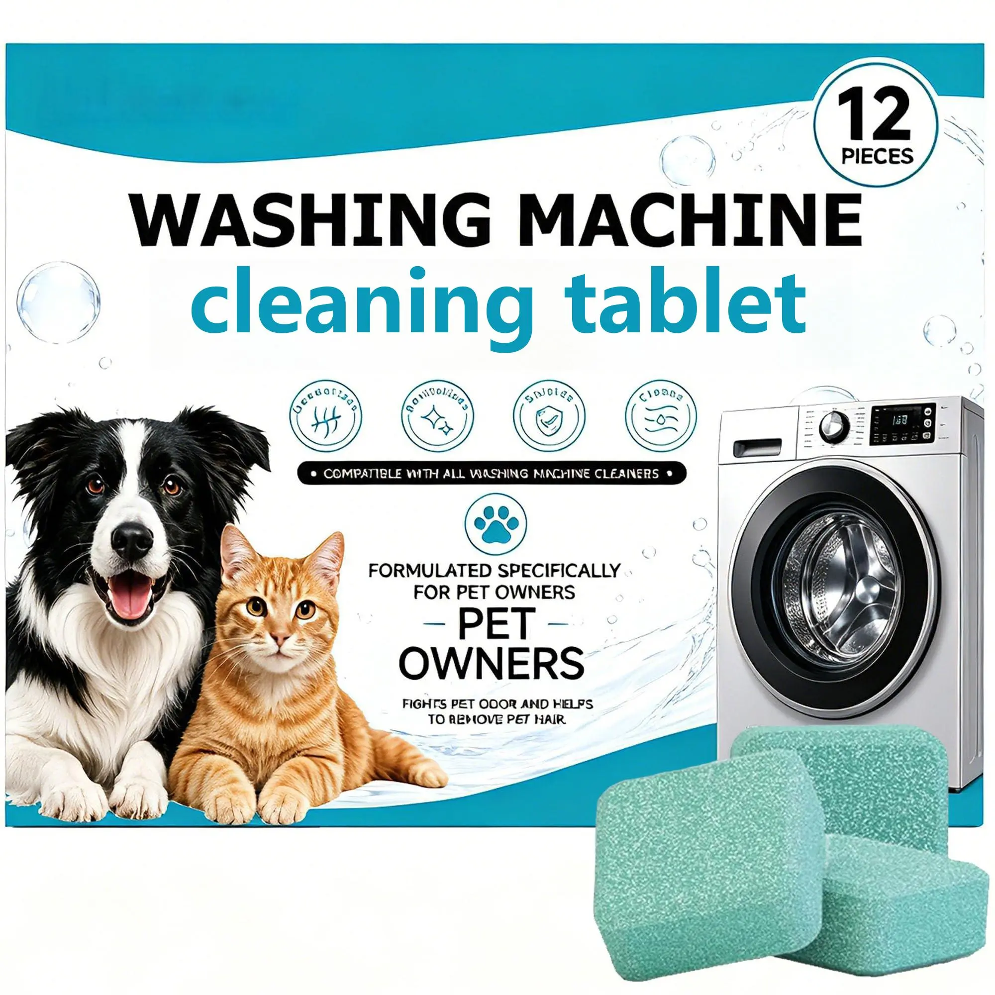 Washing Machine Cleaner Tablets 12 Count for Pet Owners, Odor & Residue Buildup, For Front Load, Top Load & He Washers, Monthly Maintenance Descaling Tablets for Cleaner Drum & Fresher Laundry