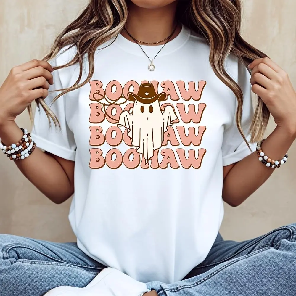 Boohaw Ghost Cowboy Hat Print T-Shirt, Halloween Western Theme Party Top, Casual Autumn Festival Wear