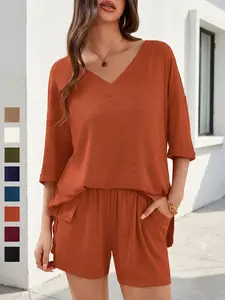 Womens Ribbed Loungewear 2 Piece Sets V-Neck Half Sleeve Tops & Shorts With Pockets Matching Outfits Casual Summer Clothes Cuffed Sleeve T-Shirts Sweatsuits For Travel Vacation Beach Wear S-2XL