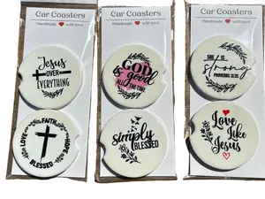 Set of 2.5" Ceramic Car Coasters with Notch Religious Themed Handmade with Love Jesus God Faith Blessed Designs Tableware