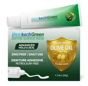 Green Denture Adhesive, Petroleum Free Olive Oil Based Denture Cream for Full and Partial Dentures, All Day Secure Hold Premium Denture Glue, Zinc Free, 2.4 Ounce