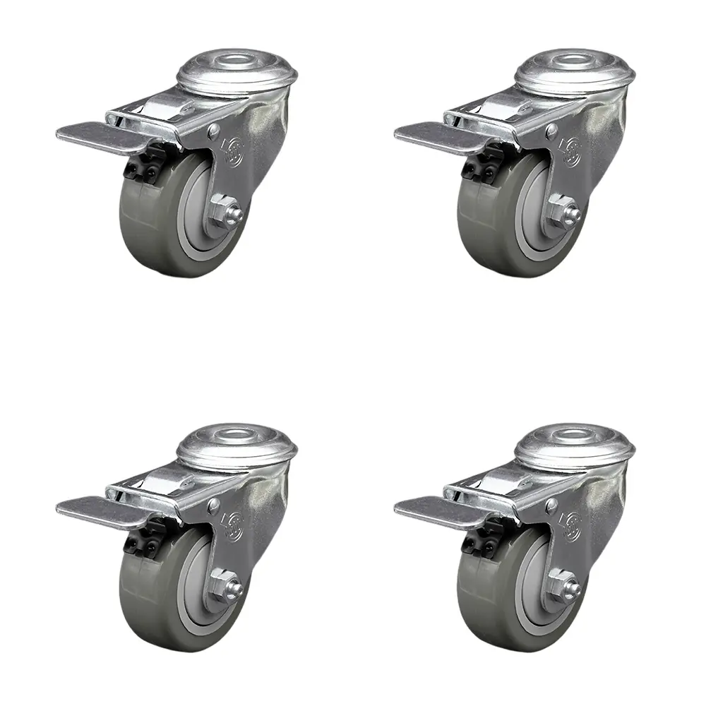 212 MAIN Service Caster SCC-SSBHTTL20S314-PPUB-4 Stainless Steel Polyurethane Swivel Bolt Hole Caster with 3x1.25 in. Gray Wheels, Lock Brake - Set of 4