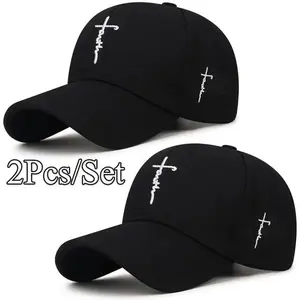 2Pcs Set Black And White Baseball Cap, Classic Duckbill Hat with Exquisite Cross Embroidery, Breathable Acrylic Material Durable Headwear, Unisex Fashion Sports Accessories Suitable for Daily Casual Wear, Outdoor Activities And Summer Daily Matching