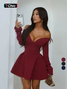 Women's Plain Off Shoulder A Line Dress - Elegant Formal Wear Chic Feminine Long Sleeve Outfit for Valentine's Day, Party, Wedding Guest & Holiday