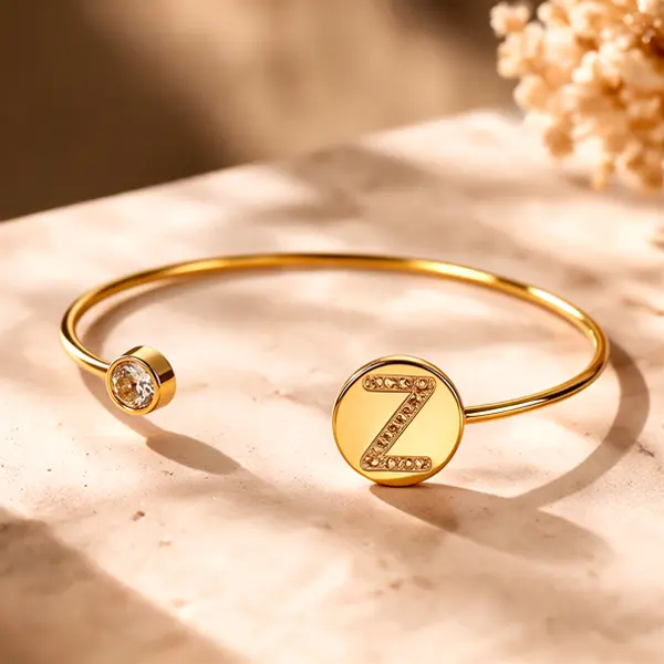 Women's 18K Gold-Plated Initial Z Open Cuff Bangle - Dainty Adjustable Letter Bracelet with Paved Cubic Zirconia, Personalized Minimalist Arm Candy Accessories, Daily Elegance Wrist Candy, Birthday Gift