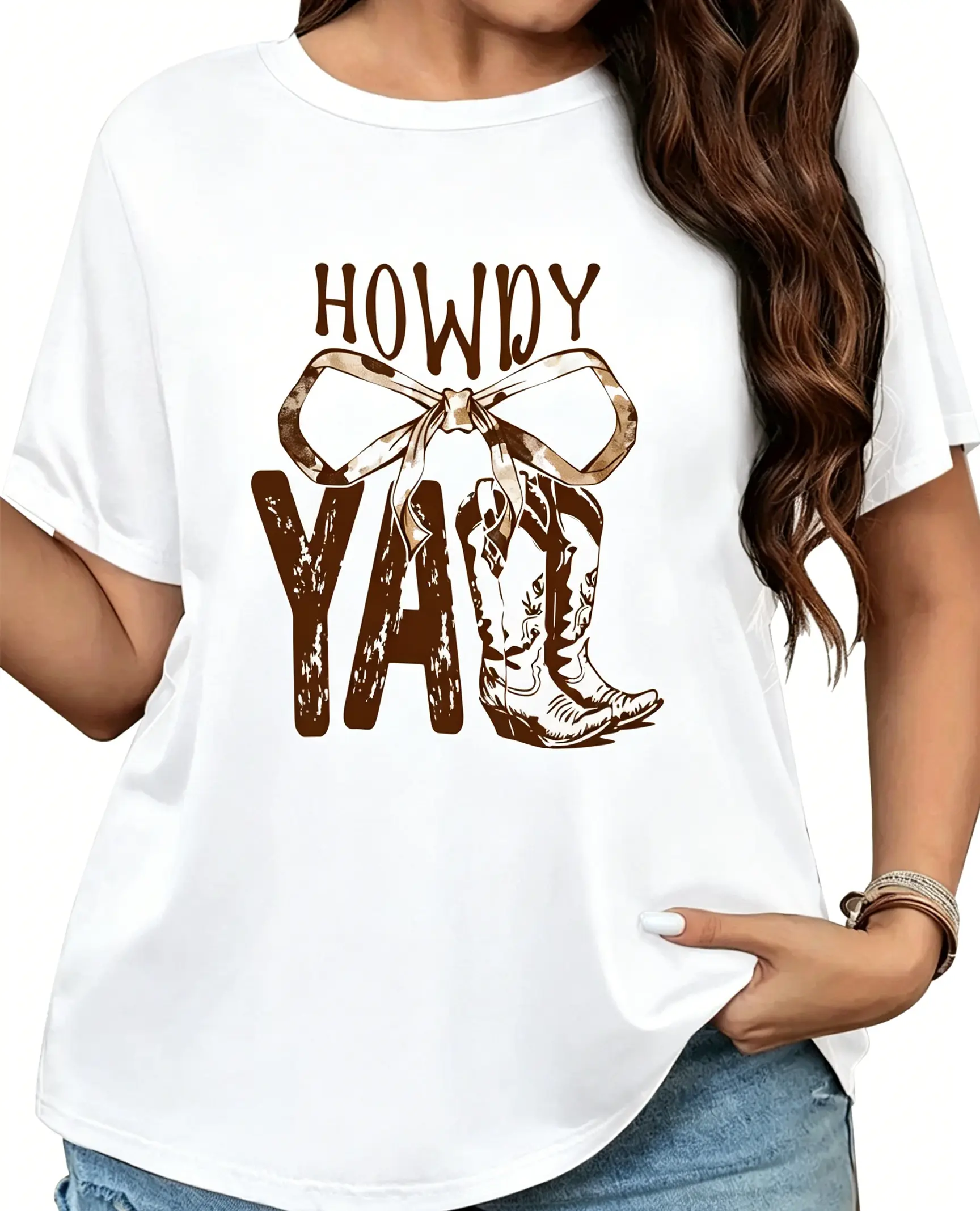 , Plus-Size Women's Casual Short Sleeve T-Shirt - Breathable Loose Fit Round Neck Tee with "HOWDY Y'ALL" Western Print, Cowboy Boots & Bows Design for Country Festivals, Rodeo Events & Casual Attire
