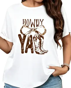 , Plus-Size Women's Casual Short Sleeve T-Shirt - Breathable Loose Fit Round Neck Tee with "HOWDY Y'ALL" Western Print, Cowboy Boots & Bows Design for Country Festivals, Rodeo Events & Casual Attire