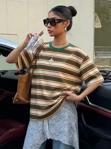 Brown green striped loose T-shirt | Y2K retro streetwear, casual and fashionable summer top, soft and comfortable, a must-have item for 2026