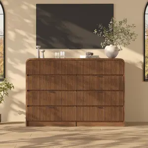 Fluted 8 Drawer Dresser, Modern Bedroom Dresser with Rounded Edge, Walnut Wood Color Wide Chest of Drawers, for Living Room, Hallway and Bedroom Storage Furniture