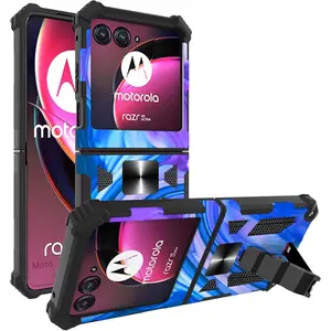 For Moto Razr 2024 Case With Kickstand, Motorola Razr 2024 Case, For Magnetic Car Mount, Heavy Duty, Shockproof Protective Rugged Cover -Purple Blue