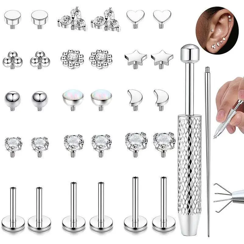 16G Flat Back Stud Earrings for Women – Hypoallergenic Surgical Steel Internal Thread Stud Piercing Jewelry for Tragus, Helix, Cartilage, Conch, Nose, Lip, Labret, Medusa Piercing – 14K  Silver Tone-mid year sale、deals for you、restock