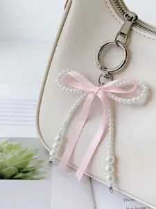 Kawaii Korean Style Sweet Pearl Ribbon Bow Pendant Keychain, Artificial Pearl Charm, Bag Decoration, Fashion Accessory