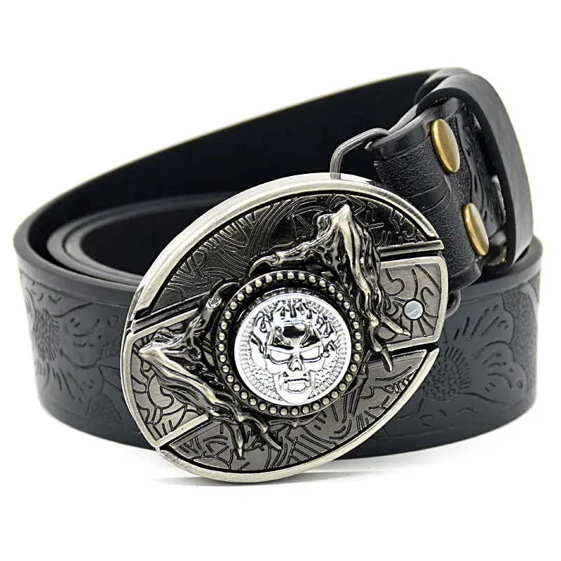 Rotating skull knife buckle embossed black