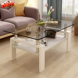 Glass Coffee Table for Living Room, Rectangle Glass Coffee Table with Storage Shelf, Gray Coffee Tabletop with White Metal Legs for Apartment, Office (Gray Glass, White)