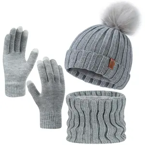 Women's Solid Color Pom Pom Decor beanie hat, Autumn and winter leisure warm knitted hat, scarf, gloves three-in-one set,Fashion