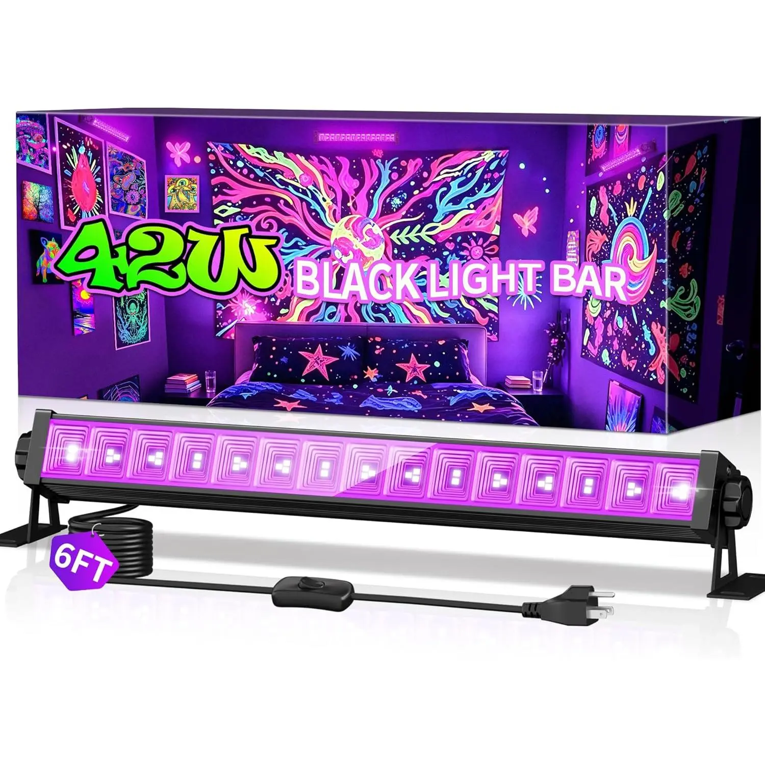 42W LED Black Light Bar, Blacklight Bar with 6ft Cord+Plug+Switch, Black Lights for Glow Party, Fluorescent Poster, Body Paint, Birthday, Halloween, Bedroom, Classroom