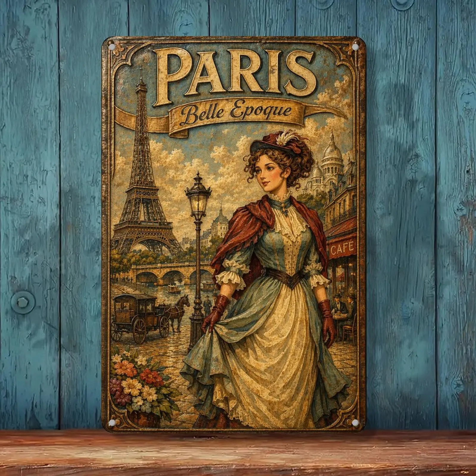 Paris Belle Epoque Eiffel Tower Vintage Metal Tin Sign, Antique French Lady Iron Wall Plaque, Retro Paris Street Cafe Wall Art For Bar Home Bedroom Decor, Custom Travel Souvenir Gift