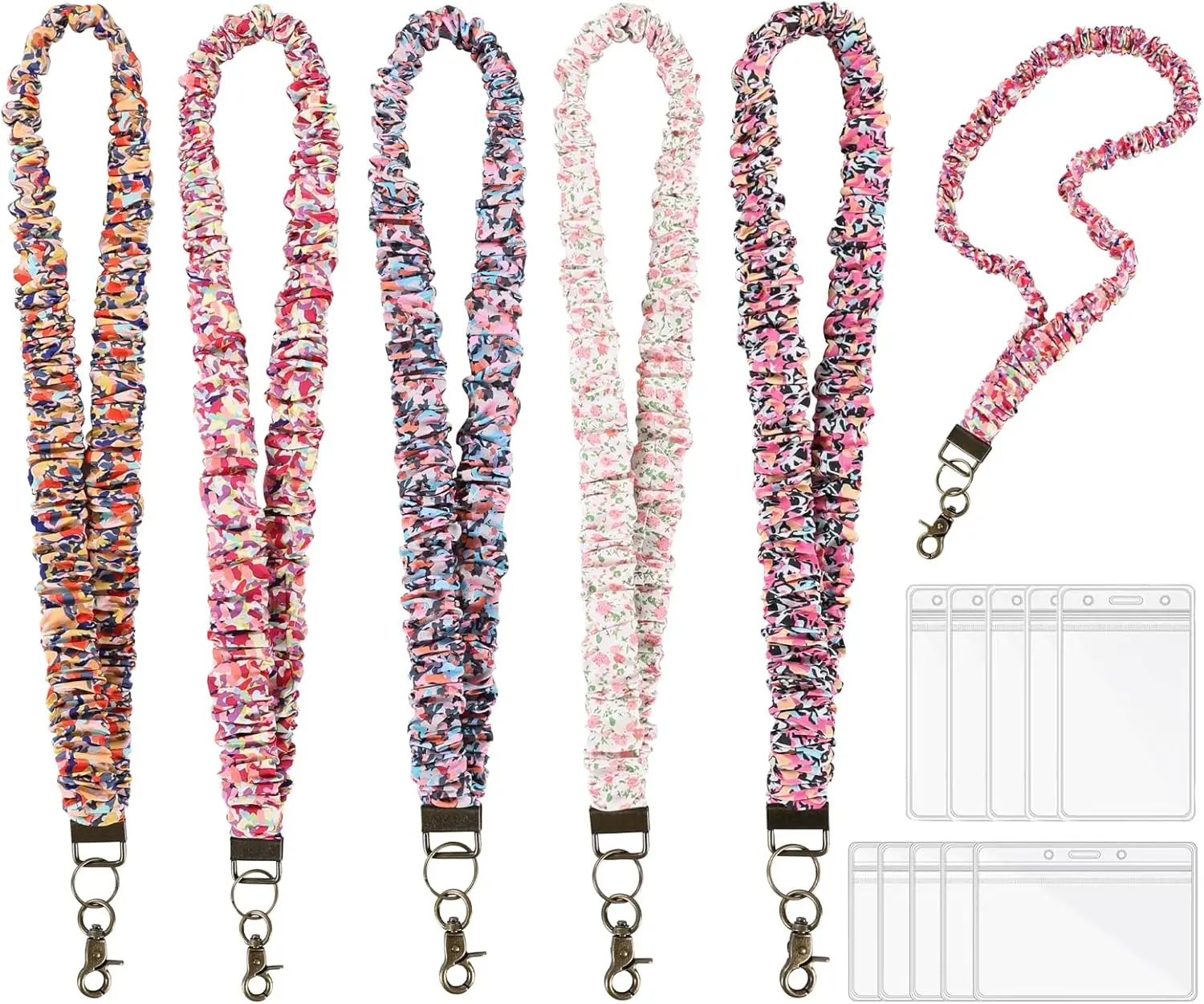 Fashionable and Modern Satin Scrunchie Lanyard Badge Holders (5-Pack) - Stretchy Anti-Allergy 18.5in Neck Straps, 10 Zipper Seal ID Holders, Rotatable Clip, Metal Base, Adjustable for Teachers, Schools, Birthdays, Anniversaries