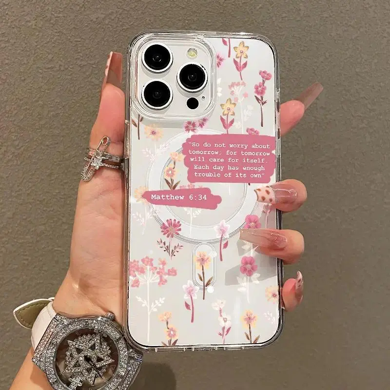 summerwins MagSafe-Compatible Magnetic TPU Soft Smartphone Cover, Transparent Lightweight Protective Handheld Accessory with Flower Design & Bible Verse, Anti-Scratch Case for iPhone 11/12/13/14/15/16 Pro Max