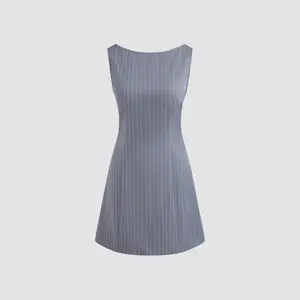 Cider [2 colors, size 0-26] Woven Boat Neck Striped Mini Dress