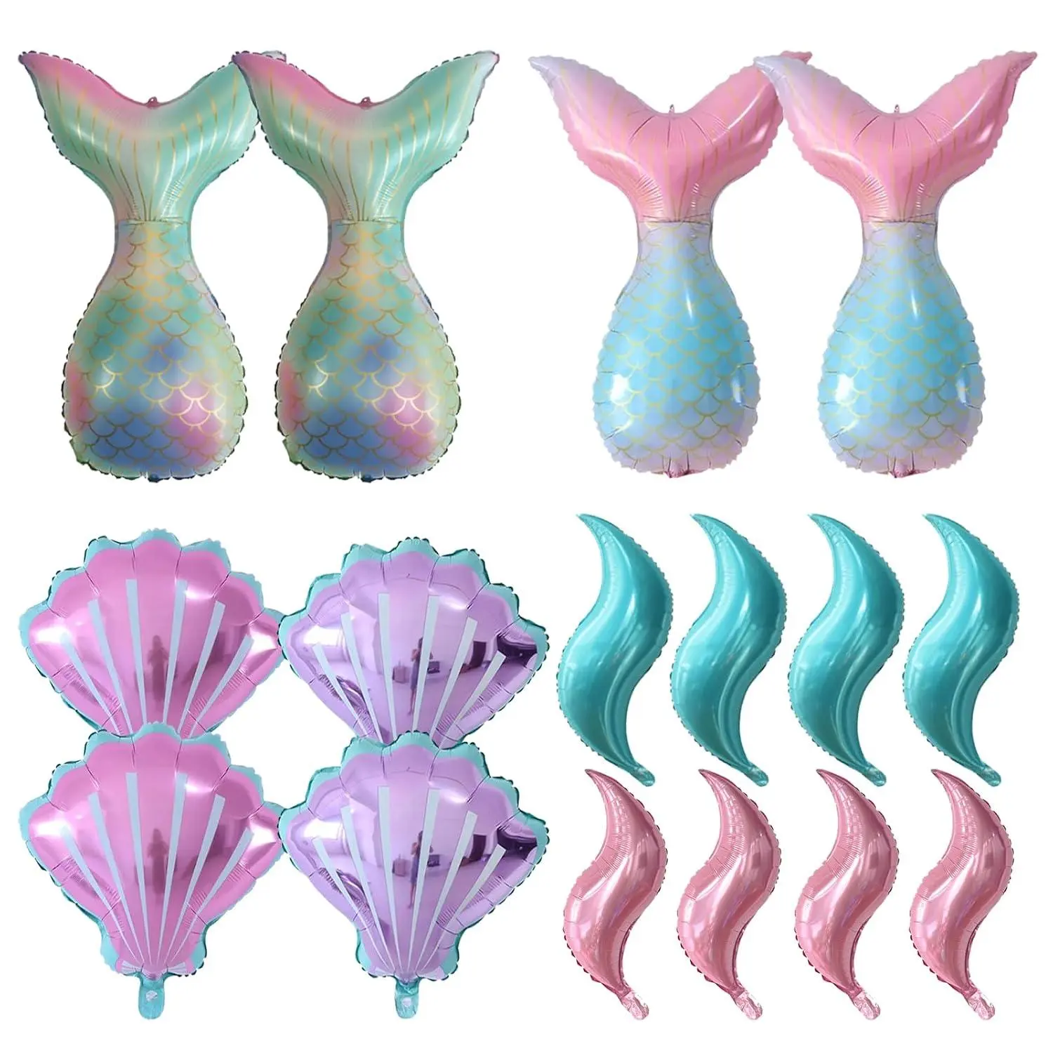 16Pcs Magical Metallic Mermaid Tail & Curve Sea Shell Foil Balloon Set, Girls' Under The Sea Birthday Party Supplies Decorating Decorations