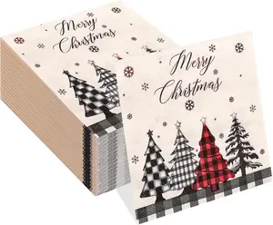 50 pcs 3-Ply Christmas Tree Napkins Folded 5 x 5 inch Disposable Cocktail Napkins Paper Napkins for Dinner Home Party Supplies Christmas Plaid Beverage Napkins
