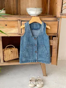 Toddler Girl's Denim-Effect Print Double Pocket Sweater Dress, Casual Sleeveless Knit Dress for Daily Wear, Kids Clothing for Spring & Fall