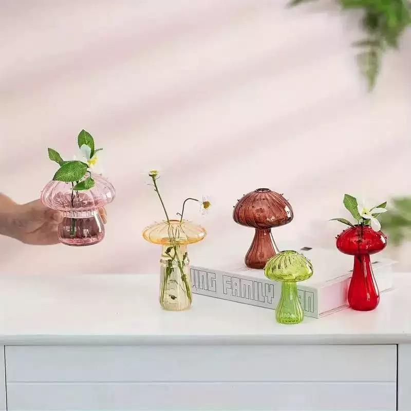 5-Pack Cute Mushroom Glass Vase Set, Mini Ribbed Mushroom Bud Vases, Colorful Aesthetic Tabletop Decor, Fairycore Home Decor for Bedroom and Living Room