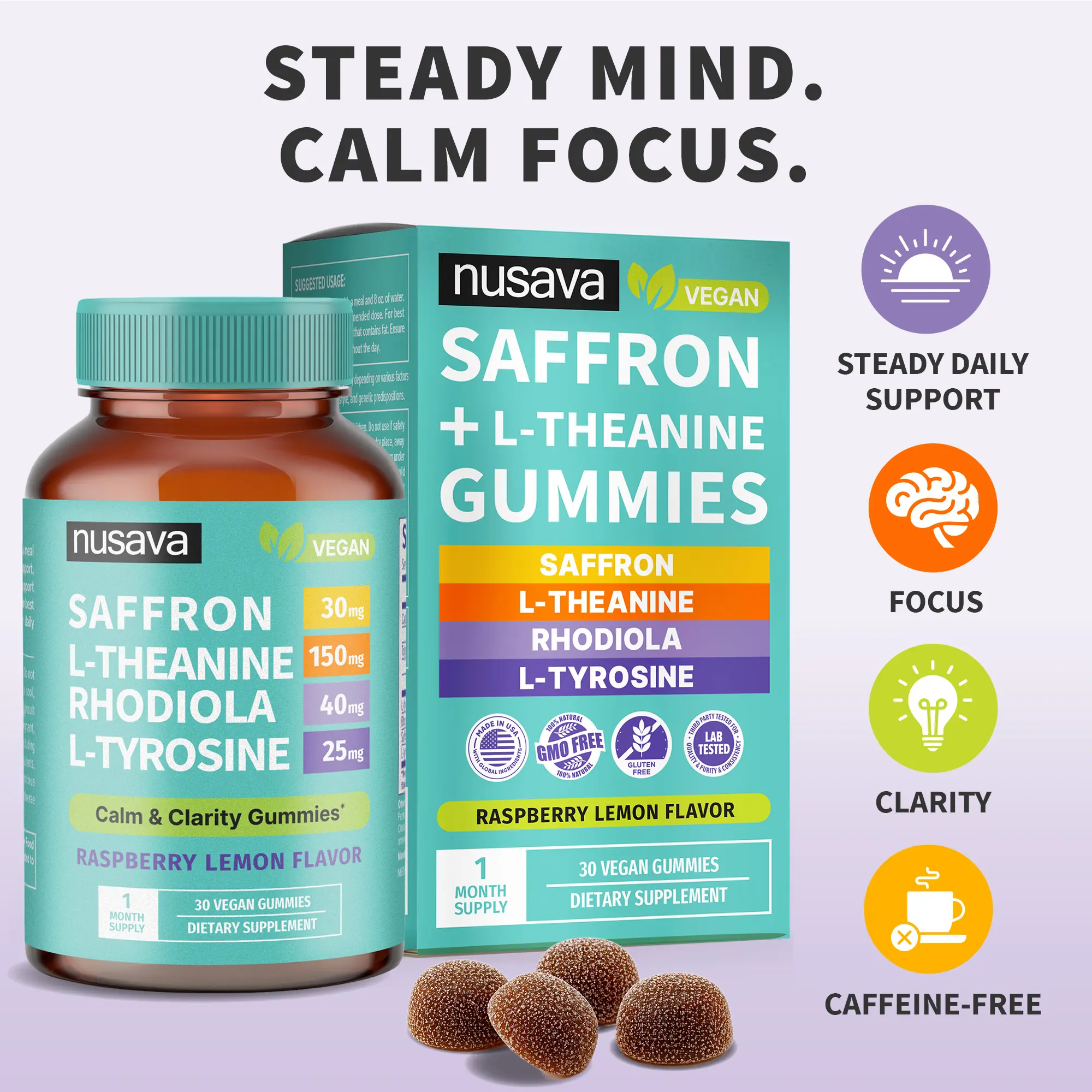 NUSAVA 4-in-1 Saffron Gummies | Calm Clarity & Daily Composure | 30mg Saffron Extract + L-Theanine + Rhodiola Rosea Extract + L-Tyrosine | Vegan Gummies | Caffeine-Free Cognitive Support | 30 Servings