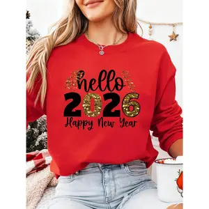 Women'S 2026 Happy New Year Sweater - Red with   Lettering & Number 2026 Print, Long Sleeve Round Neck Casual Pullover