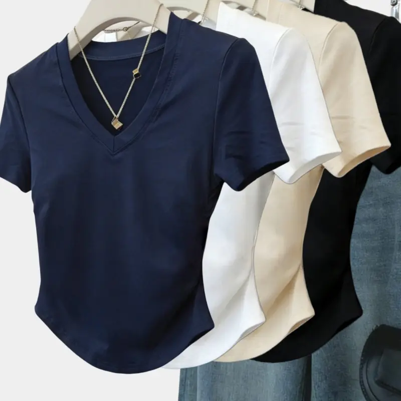 Women's Lady V Neck Curved Hem Short Sleeve T-Shirt Set, Slim Fit Solid Color Casual Basic Summer Top, 4 Piece Set Womenswear, Casual Fashion Clothing, Casual Everyday Wear
