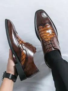 Men's Brogue Carved Classic Derby Shoes, Business Style Shoes, Business Formal Wedding Groom Dress Shoes, Elegant Bridal Party Footwear, Stylish Male Fashion Sneakers